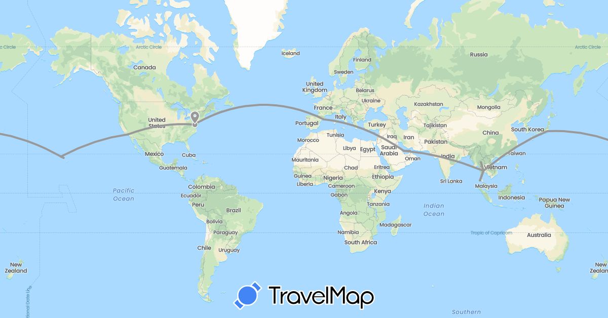 TravelMap itinerary: driving, plane in United Arab Emirates, Spain, Japan, Qatar, Thailand, United States (Asia, Europe, North America)